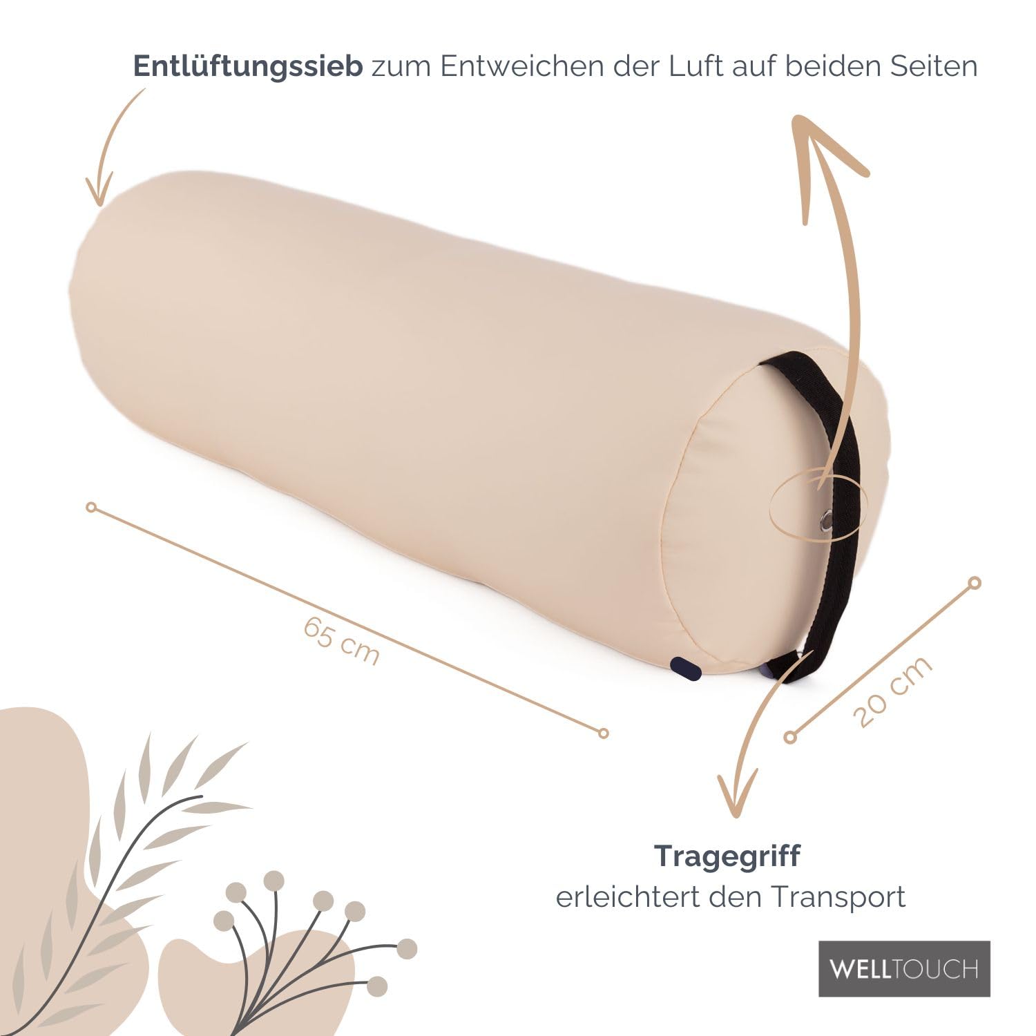 WellTouch Lagerungsrolle Vollrund | Fluffy Knierolle für Massageliegen | Extra Soft | Lagerungskissen für Massage & Therapie | Beinauflage mit Ø 20 cm | Länge 65 cm (beige)