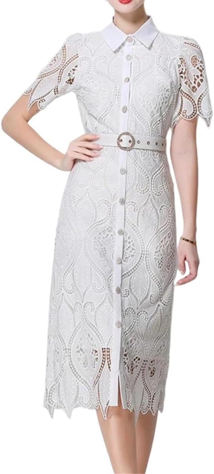 Generisch Damen Sommerkleid Mit Ausgehöhlter Spitze Revers Knopf Figurbetont Für Business Arbeit Hochzeit Gast Cocktailparty Midikleider Mit Gürtel