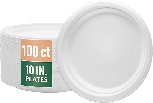 Nicole Home Collection 100% Compostable Heavy Duty 10" Disposable Paper Plates Bagasse Biodegradable Eco-Friendly Natural Sugarcane 100 Count