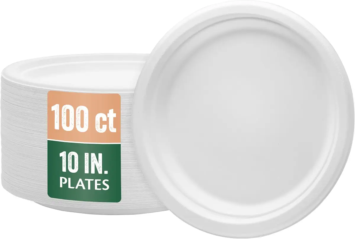 Nicole Home Collection 100% Compostable Heavy Duty 10&#34; Disposable Paper Plates Bagasse Biodegradable Eco-Friendly Natural Sugarcane 100 Count