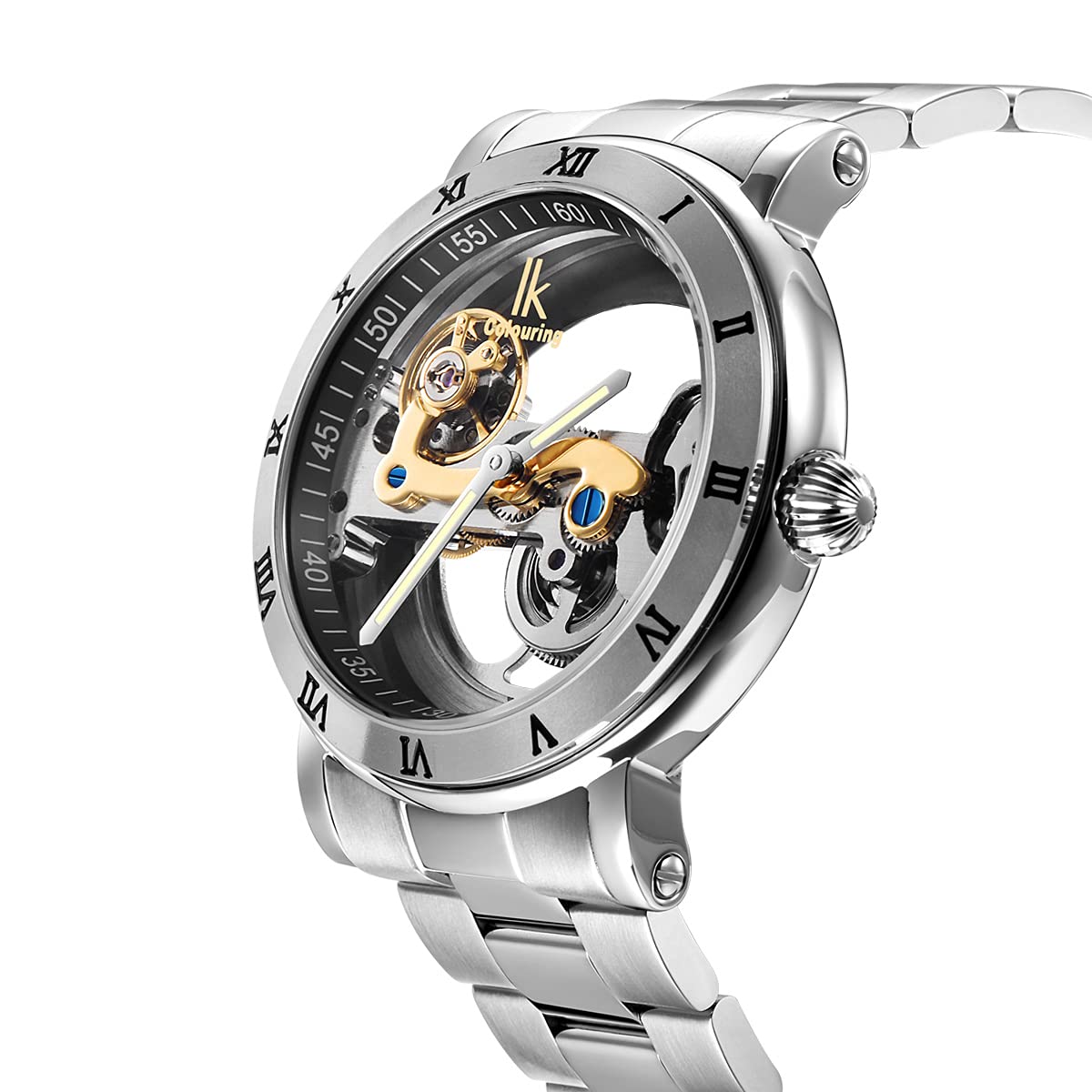 Alienwork IK Automatikuhr Armbanduhr Herren Damen Silber Edelstahl Metallarmband Skelett Glasboden