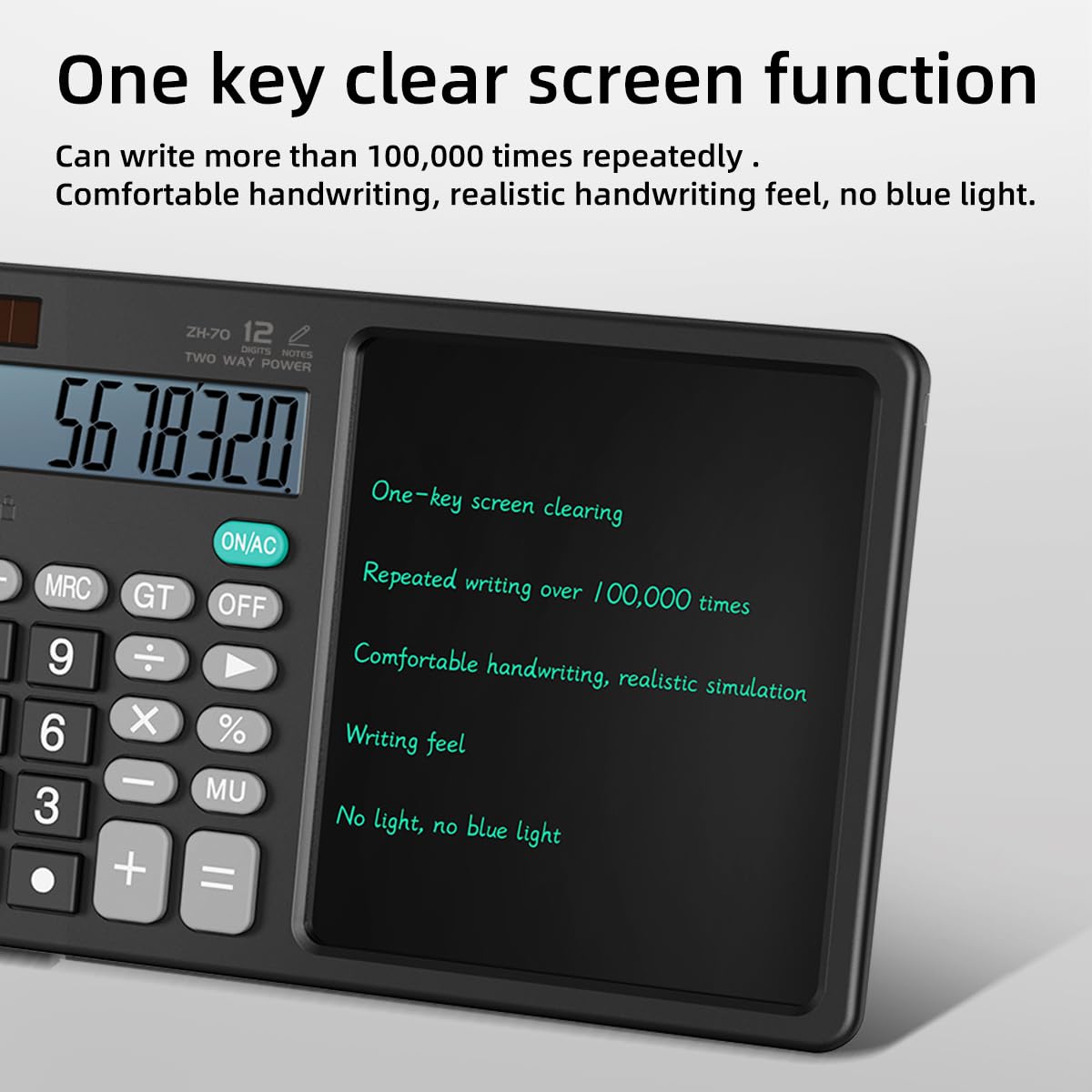 Scientific Calculator with Pull - Out Stylus, 12 - Digit Wide Screen & 100,000+ Reusable Writing Pad, One - Click Clear/Lock, Solar & Battery Dual Power, Portable for School Office Business (Black) 4