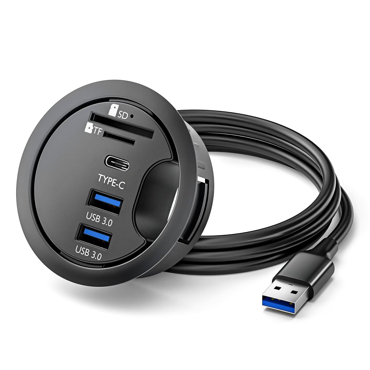 ZORBES® Desk Grommet USB 3.0 Hub with Card Reader, 5-in-1 Flush Mount Desk Cable Hole Hub with USB Ports USB-C SD TF Slots, High Speed 5Gbps Desktop Cable Management Hub, 60mm Dia-image-1