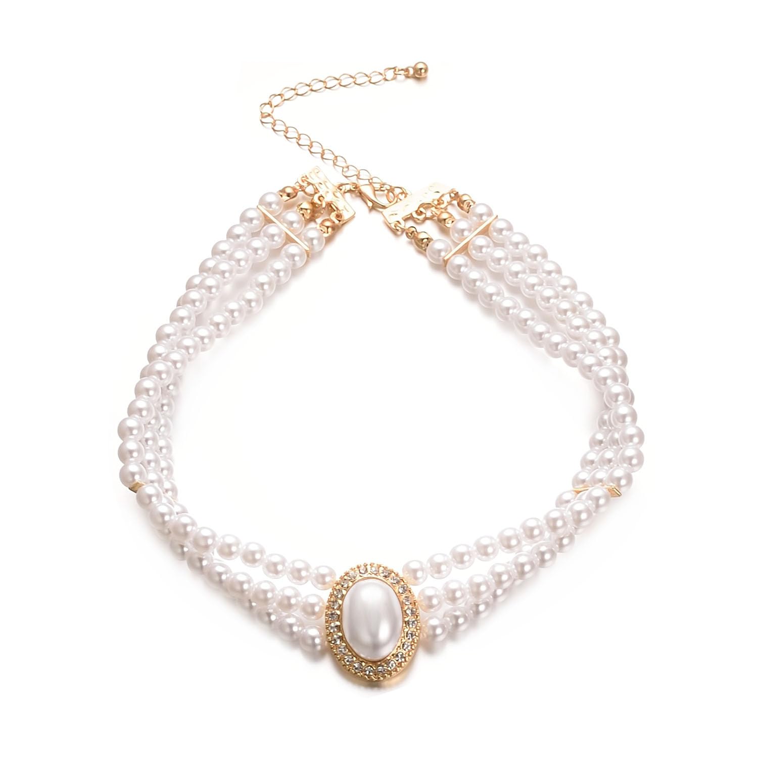 Aleasha Layered Pearl Choker Rhinestone Faux Pearl Multi Strands Necklace for Women Wedding Party Prom Cosplay Costumes Jewelry