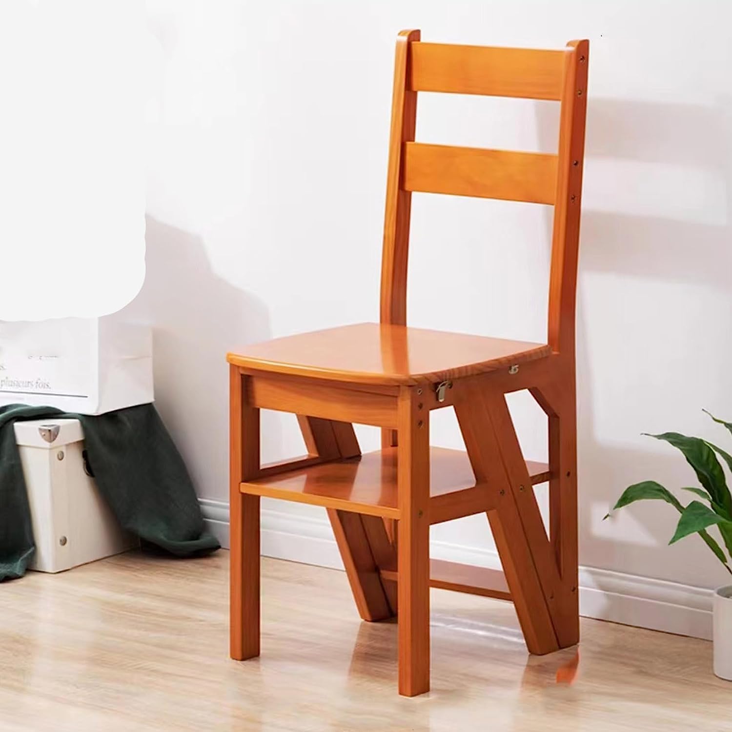 Chaise échelle de bibliothèque pliante en bois massif marron 46x35x90 cm