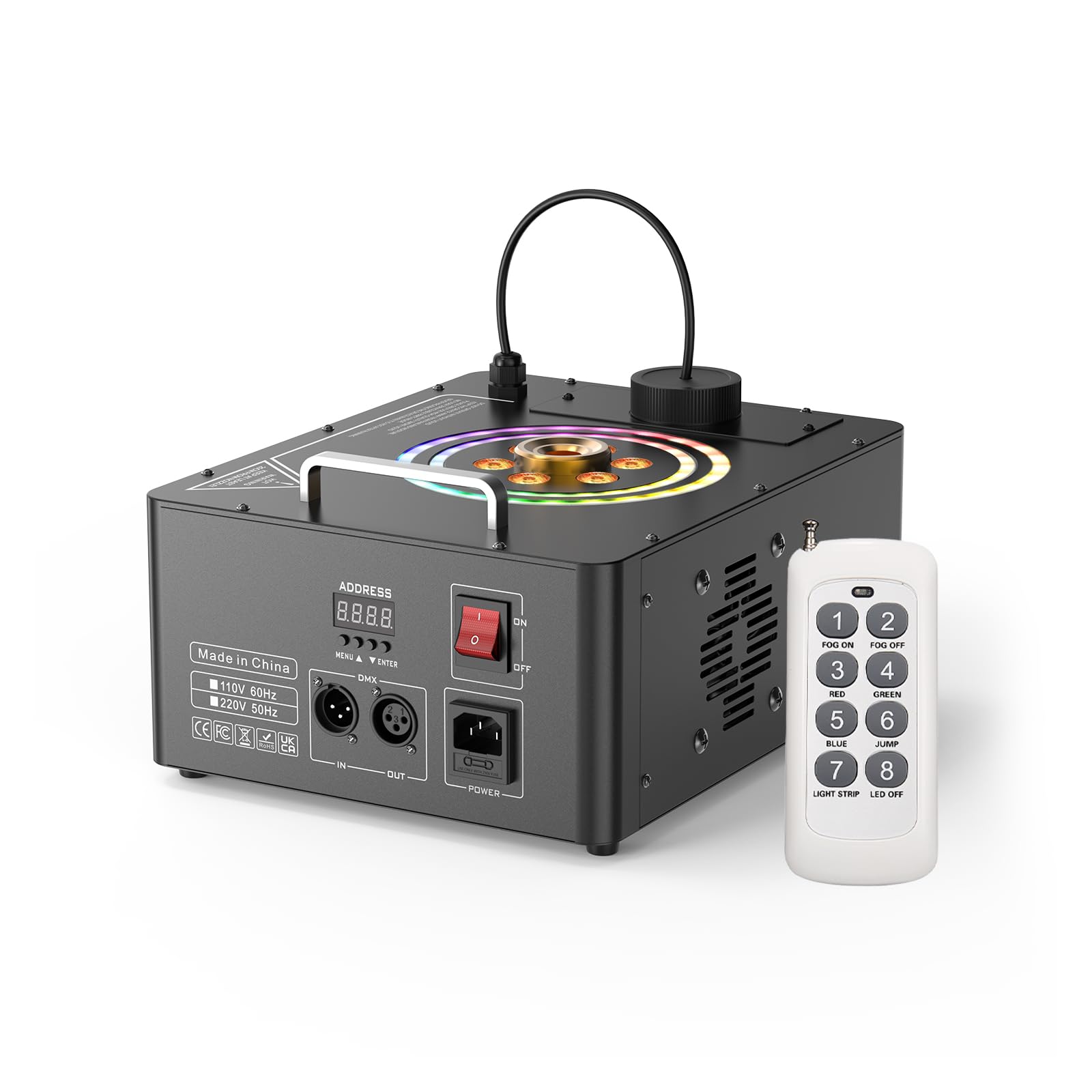 Máquina de Humo 1500W con Control Remoto 6 LED RGB, Máquina de Niebla Portátil Efectos Luminosos Estroboscópicos y Banda Luminosa Disco Equipo de Escenario DMX512 para Halloween Bodas Fiestas