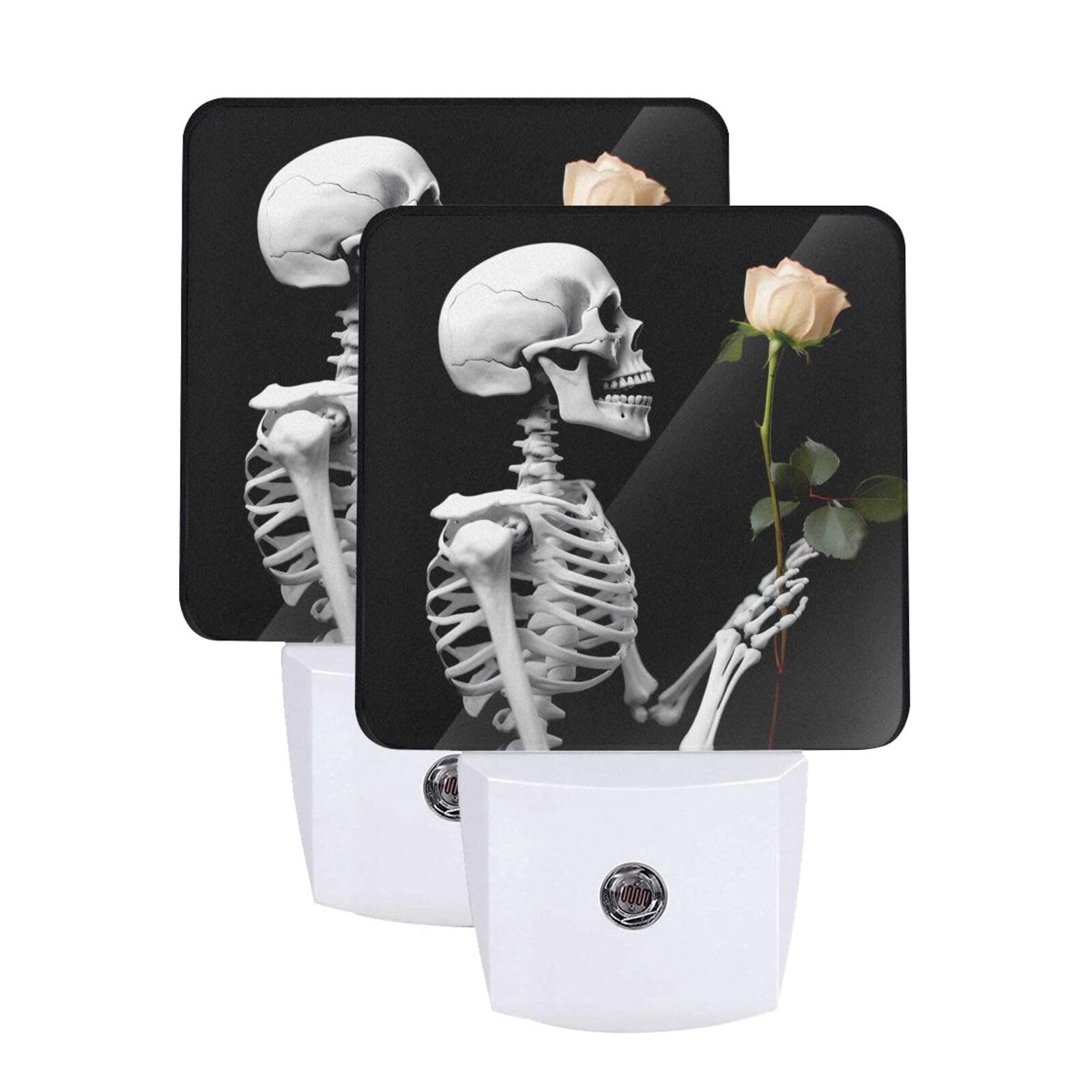 Hippie Skull Skeleton Night Light Set of 2, Pink Rose Auto Sensor LED Dusk-to-Dawn Nightlights, Plug-in Sensor Lamp for Bedroom Bathroom Kitchen Hallway Stairs Decorative
