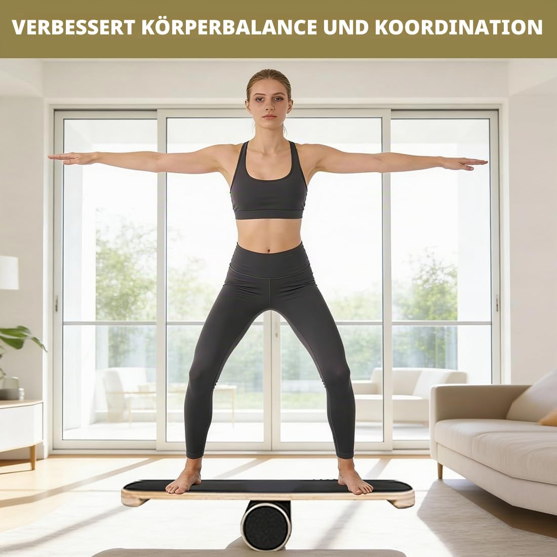 Balance Board, Holz-Gleichgewichtsboard mit verstellbaren Stoppern und Rollen, Holz Balance Board Trainer Rollbrett zur Verbesserung des Gleichgewichts, Übungen, Surf-Trainer und Boardsport