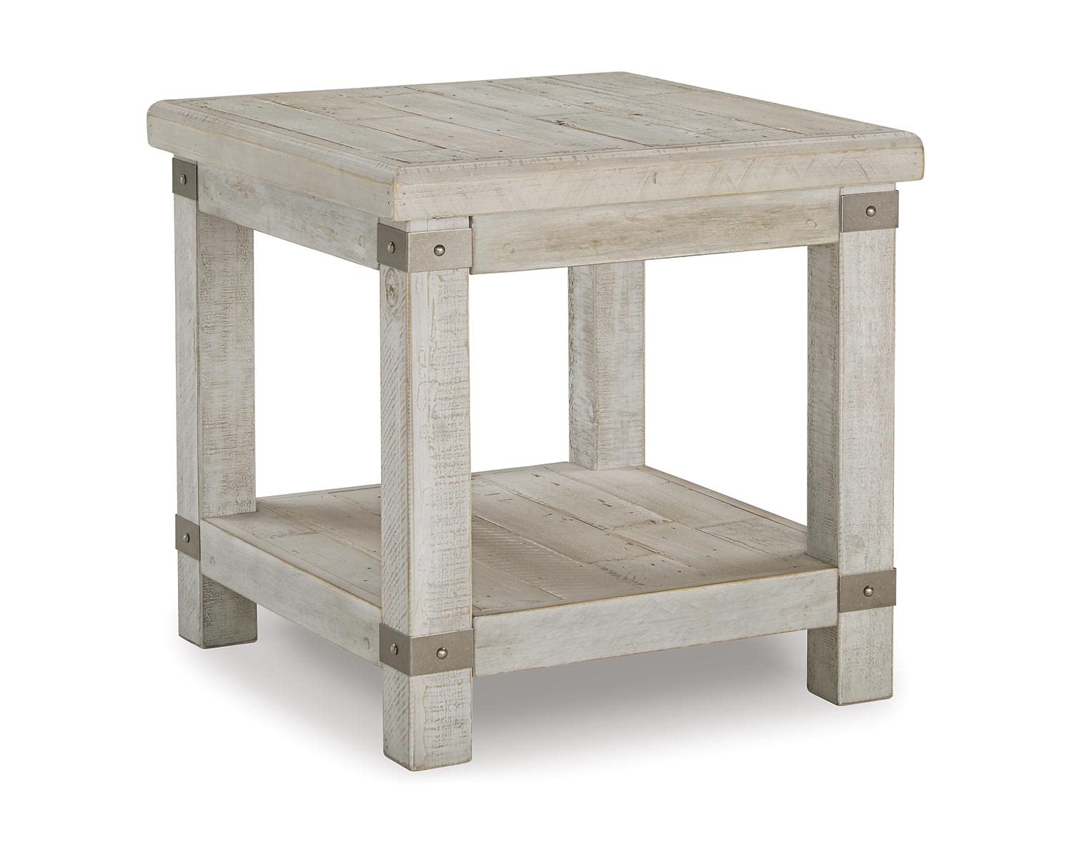 Signature Design by Ashley Carynhurst Farmhouse Rectangular End Table with Lower Shelf, 2 Electrical Outlets and 2 USB Ports, Whitewash