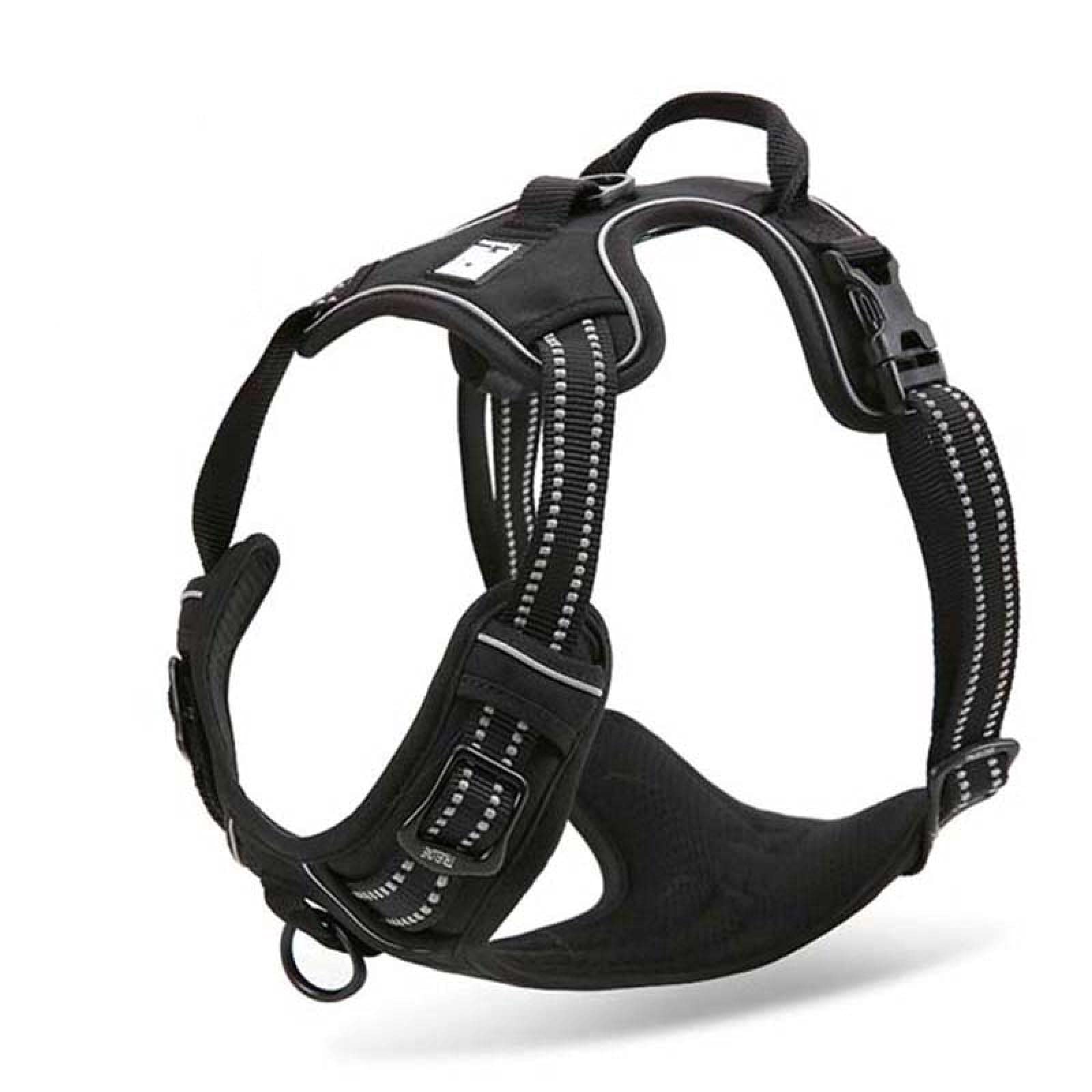 Arnés de nylon reflectante grande para mascotas para todo tipo de clima de servicio de perro en forma de V almohadilla ajustable de seguridad coche con plomo de cuero mascota XL81-107cm pecho negro