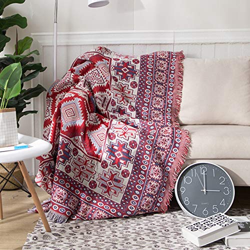 マルチカバー 130*180cm ソファーカバー ボヘミア 幾何学柄 民族風 ベッド用 毛布 絨毯 ブランケット レッド 大判 ソファカバー 両面兼用 おしゃれ フリンジ ひざ掛け ベッドカバー カーペット 大きい 水洗い 四季通用