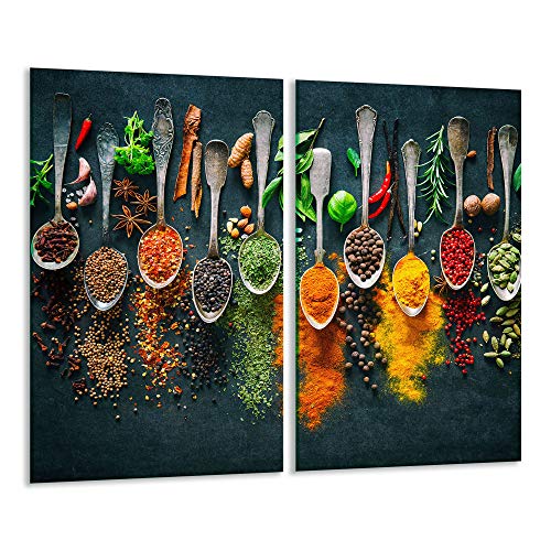 TMK - Plaque de protection universelle pour plaque de cuisson 2 x 30 x 52 cm Pour plaques de cuisson Protection contre les éclaboussures Planche a découper en verre trempé Décoration, motif Épices