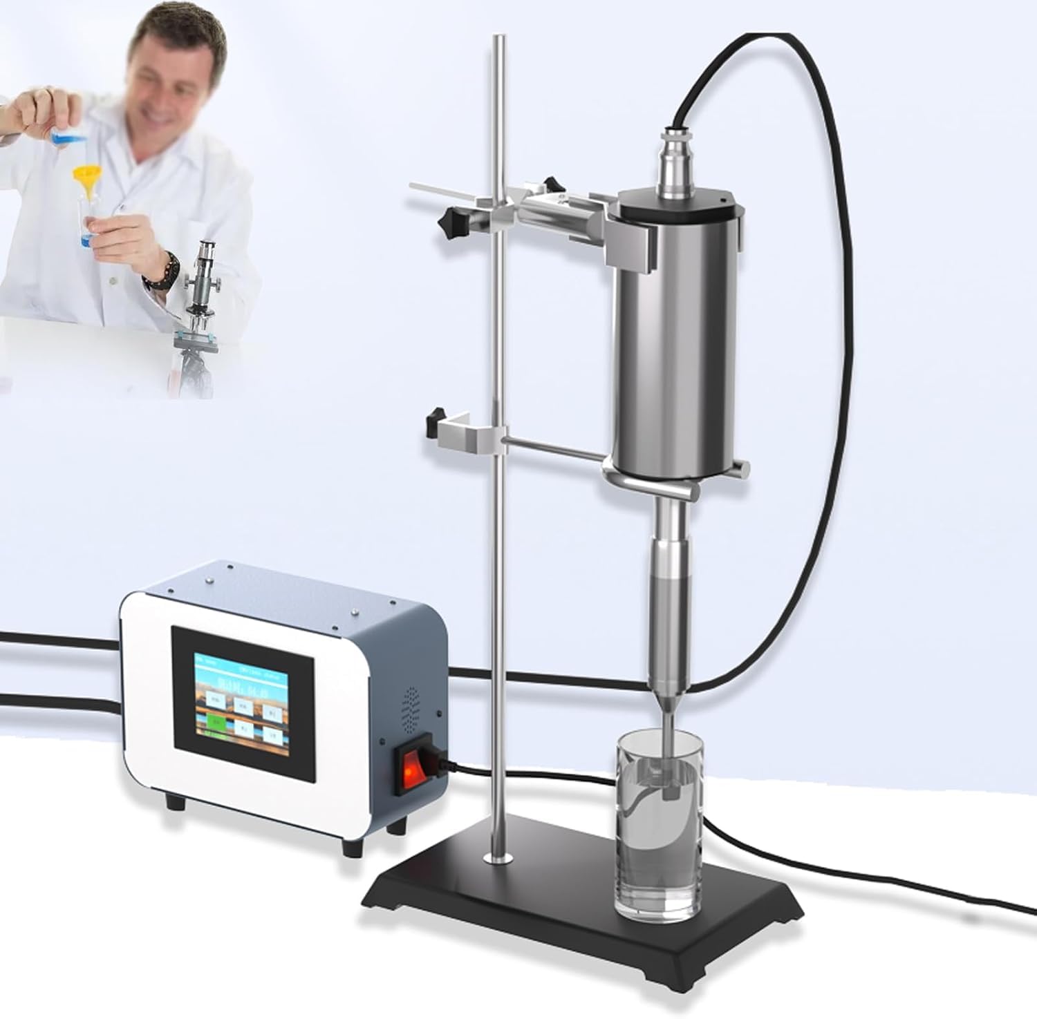 Homogeneizador ultrasónico de laboratorio de 1000 W y 20 kHz, dispersor emulsionador, con sonda de titanio de 8 mm, volumen de muestra de 2000 ml, para laboratorio.