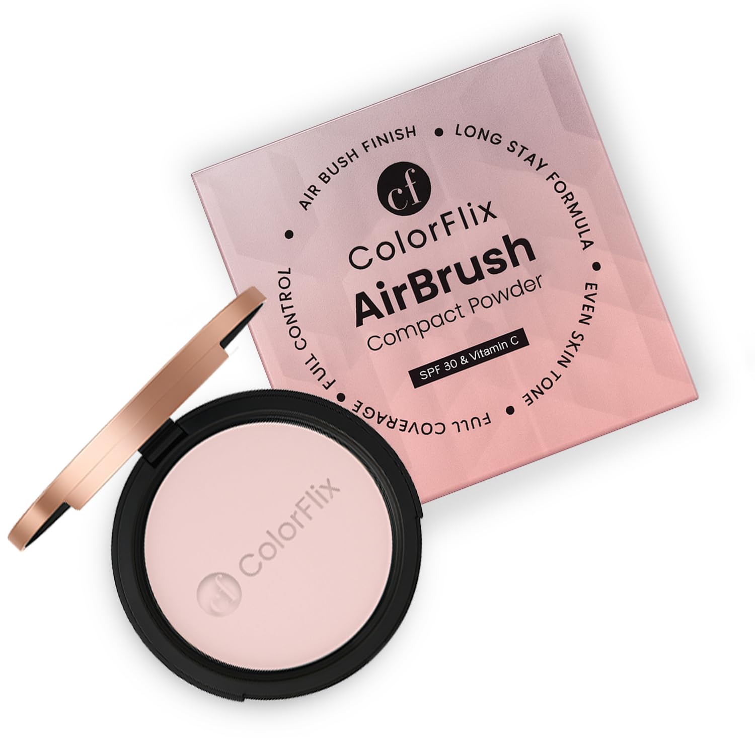 ColorFlix AirBrush Compact Powder with SPF 30 & Vitamin C, Long Stay, Oil Control, Airbrush Finish, Lightweight, Full Coverage Face Powder for Even Skin Tone & Smooth Matte Look – 9g (Pastel Pink)