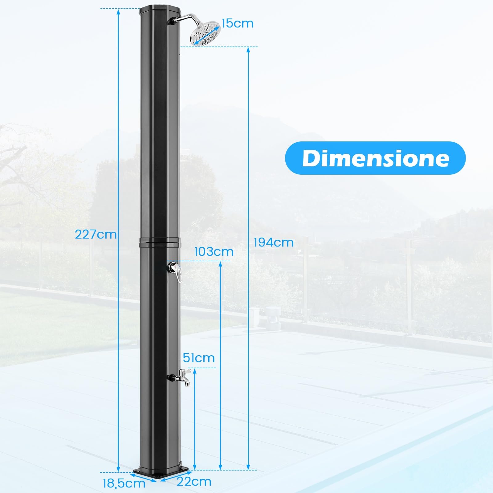 COSTWAY Doccia Solare da Esterno 60 L, Doccia da Giardino con Soffione 360°, Rubinetto per Piedi, Copertura Protettiva e Attacco per Tubo da Giardino, Fino a 60°C, per Piscina e Campeggio (Modello 1)