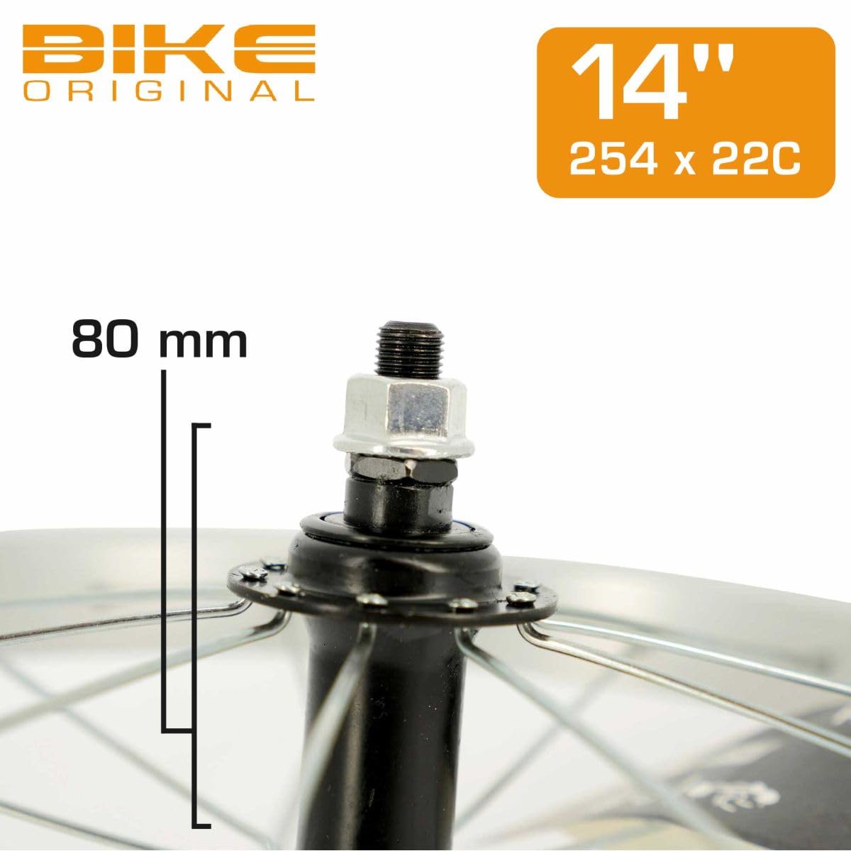 BIKE ORIGINAL - Roue Avant 14" - Jante Alu Simple Paroi 20 Trous Argent - Moyeu Noir à Écrous - Freinage sur Jante - Compatible Pneus 35-65 mm - Vélo Enfant