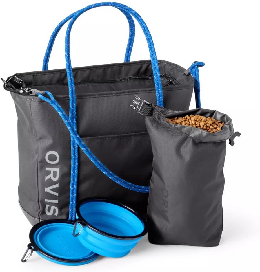 Orvis Tough Trail Dog Travel Tote Kit - Portable Pet Feeder with Collapsible Travel Bowls for On-The-Go Adventures, Asphalt