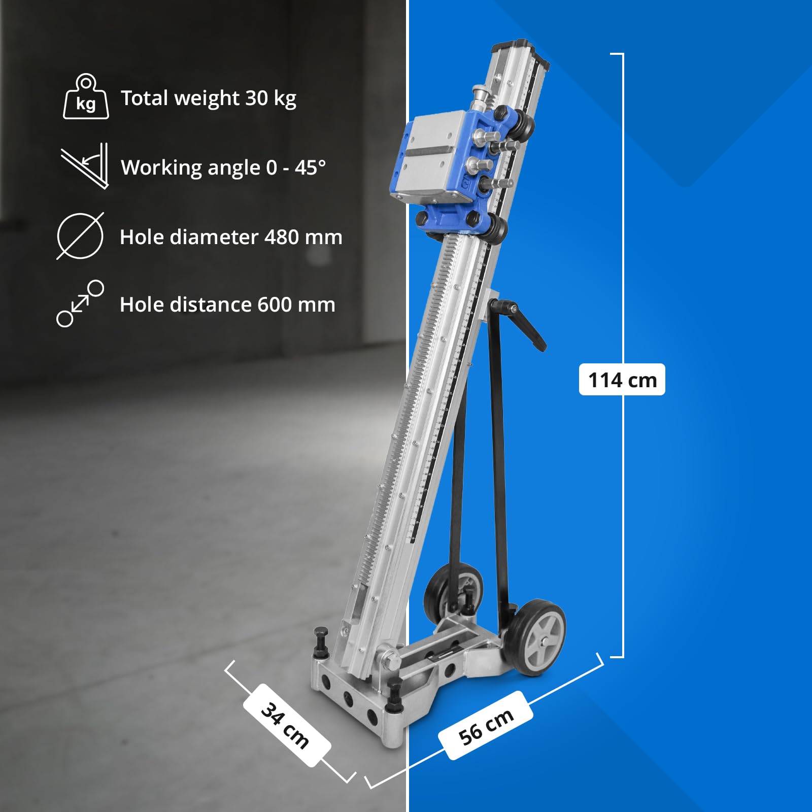 MSW stojak do wiertarki rdzeniowej, pochylony od 0 do 45°, średnica wiercenia do 480 mm skok do 760 mm, 2 rolki mobilny stojak wiertarski