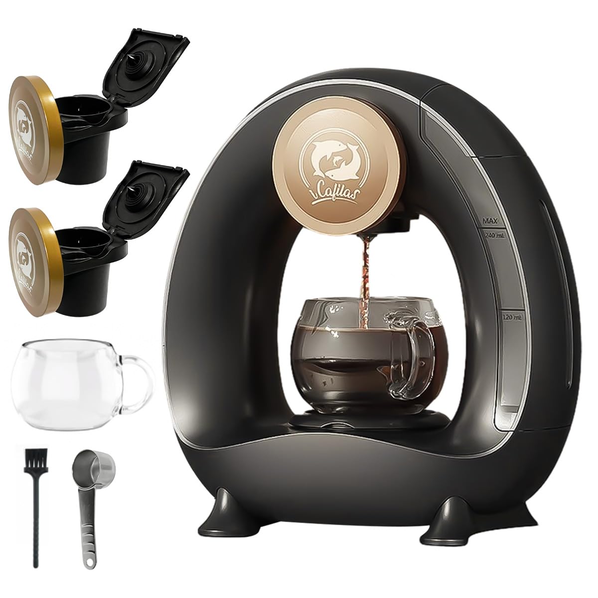 Coastacloud Single Serve Coffee Maker K Cup Ground Coffee compatible,2 in 1 Instant Espresso Machine 20S Fast Brewing,Single Cup Coffee Maker 2-8 oz Brew Sizes with Reusable Filters,Glass Cup