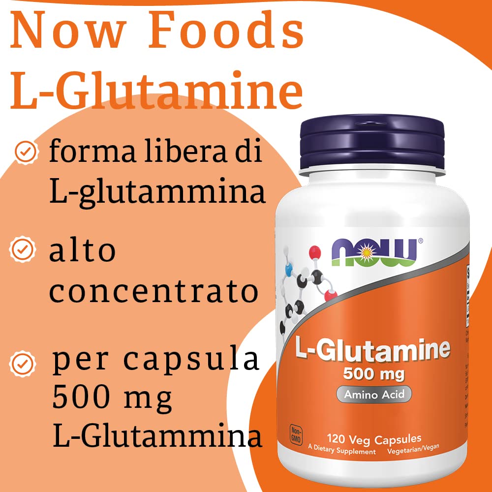 Now Foods, L-Glutamine (L-Glutammina), 500 mg, 120 Capsule vegan, Testato in Laboratorio, Aminoacido, Senza Glutine, Senza Soia, Vegetariano