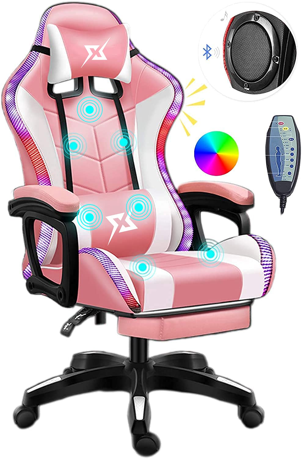 COOLBABY Gaming Chair LED Light Racing Chair,Ergonomic Office Massage Chair,Lumbar Support and Adjustable Back Bench,Bluetooth Speaker