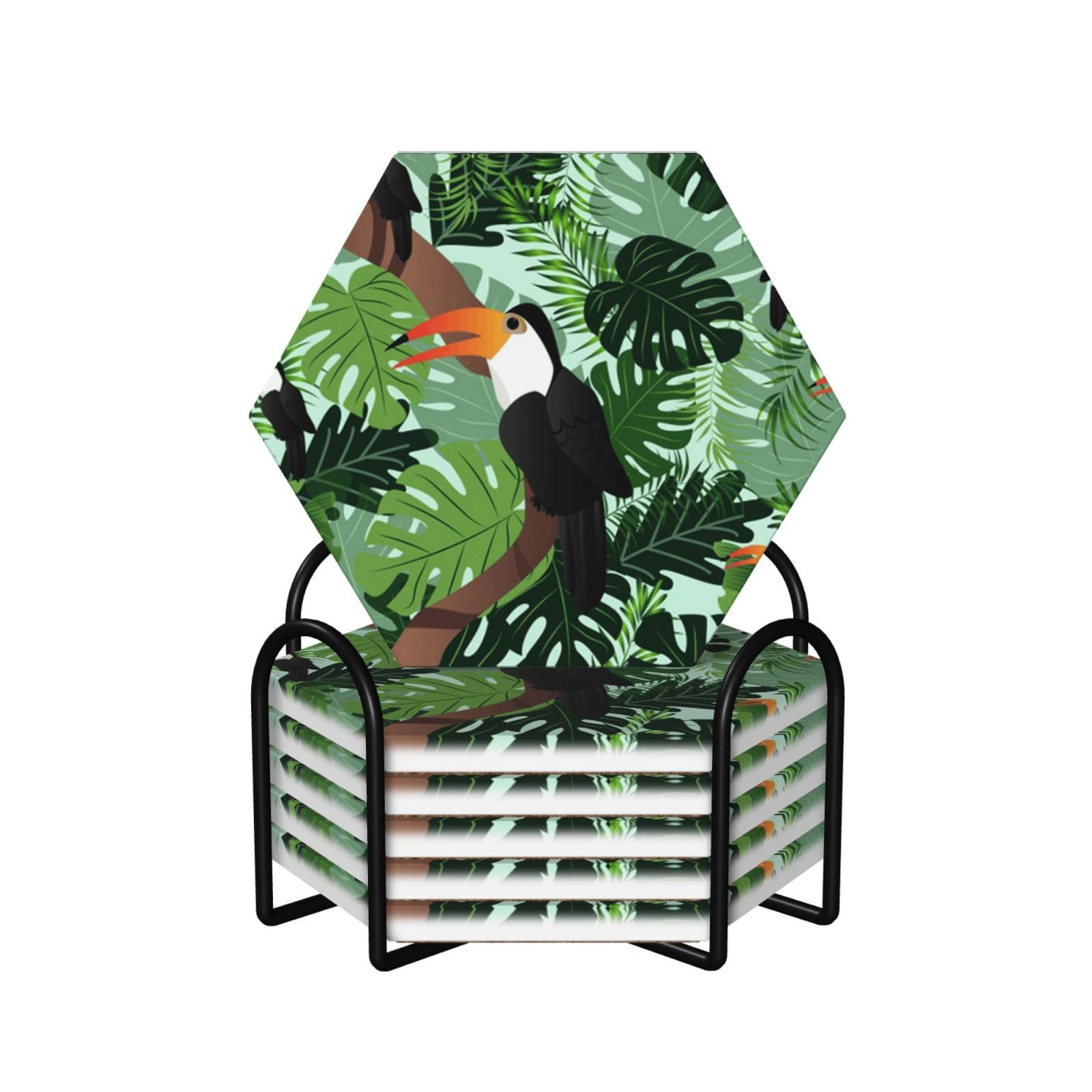 Sottobicchieri in ceramica con stampa di foglie tropicali e uccellini, set di 6 sottobicchieri decorativi