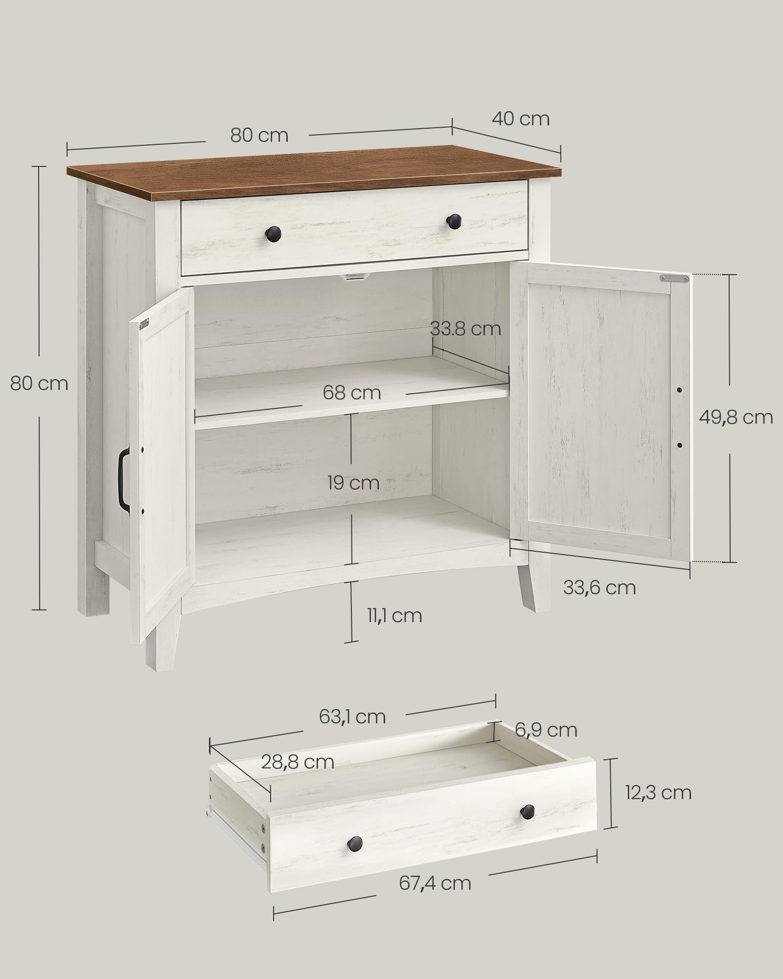 Buffet VASAGLE Style Campagne - Meuble Rangement Cuisine/Salon 80x80cm