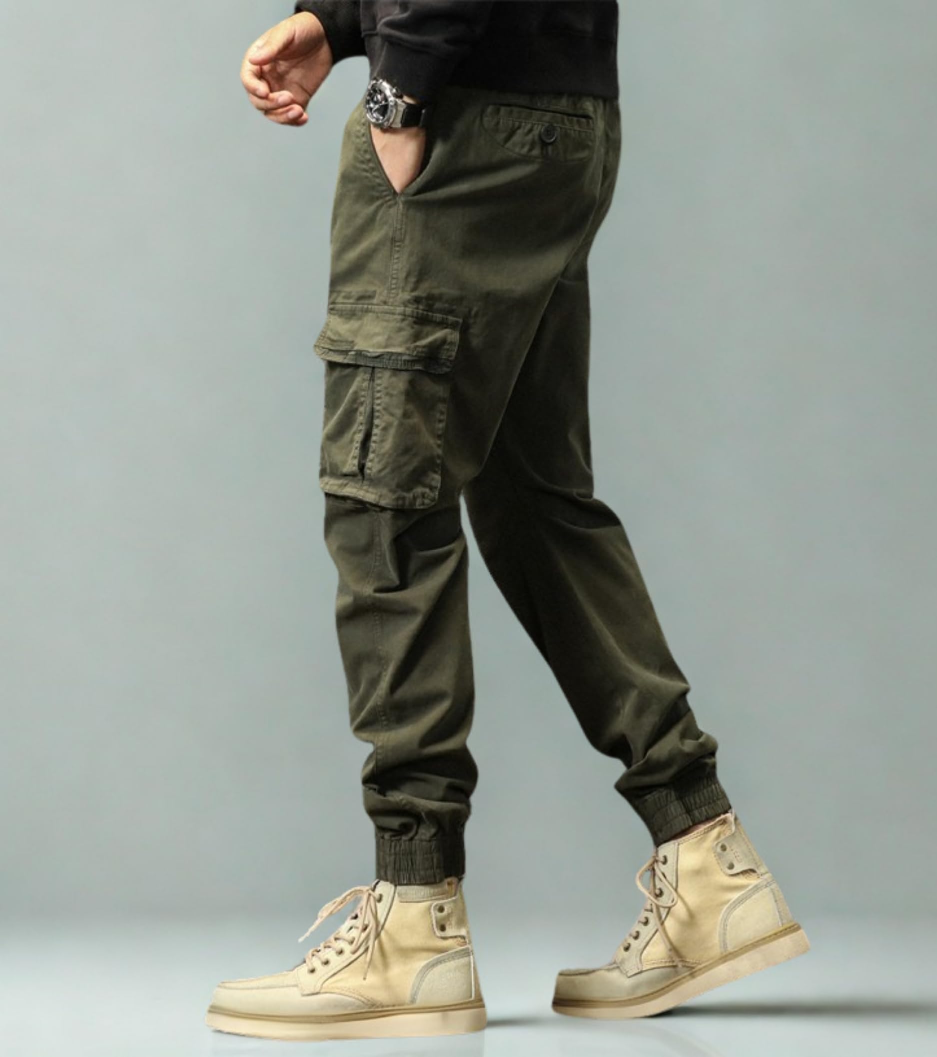 L'MONTE Imported Cargo Joggers for Men | Cotton Cargo Pants for Men | Slim Fit Casual Jogger Pants | Elastic Waist Stretch Trousers(30,Green) 4