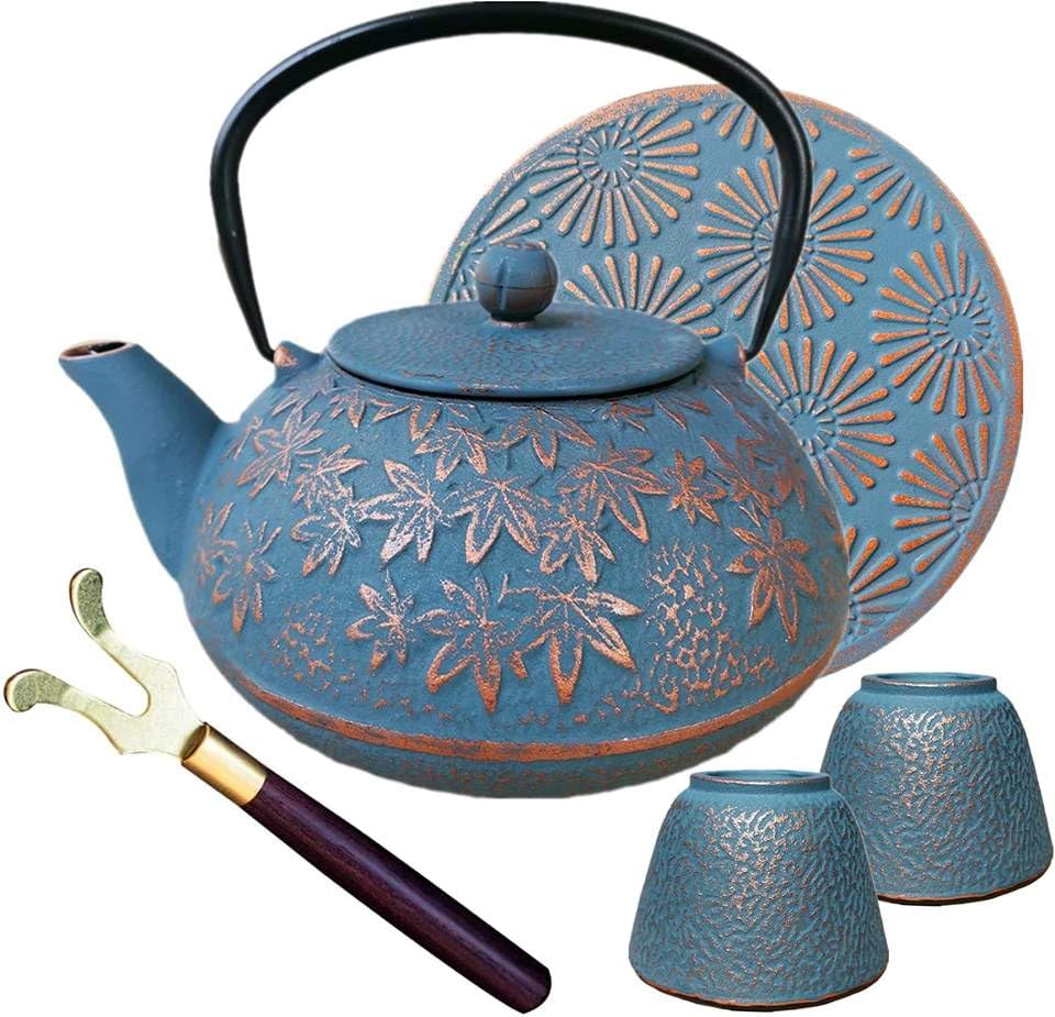 Théière en Fonte Japonaise 1000 ml avec Infuseur Inox – Ensemble 5 Pièces Bleu Motif Floral...
