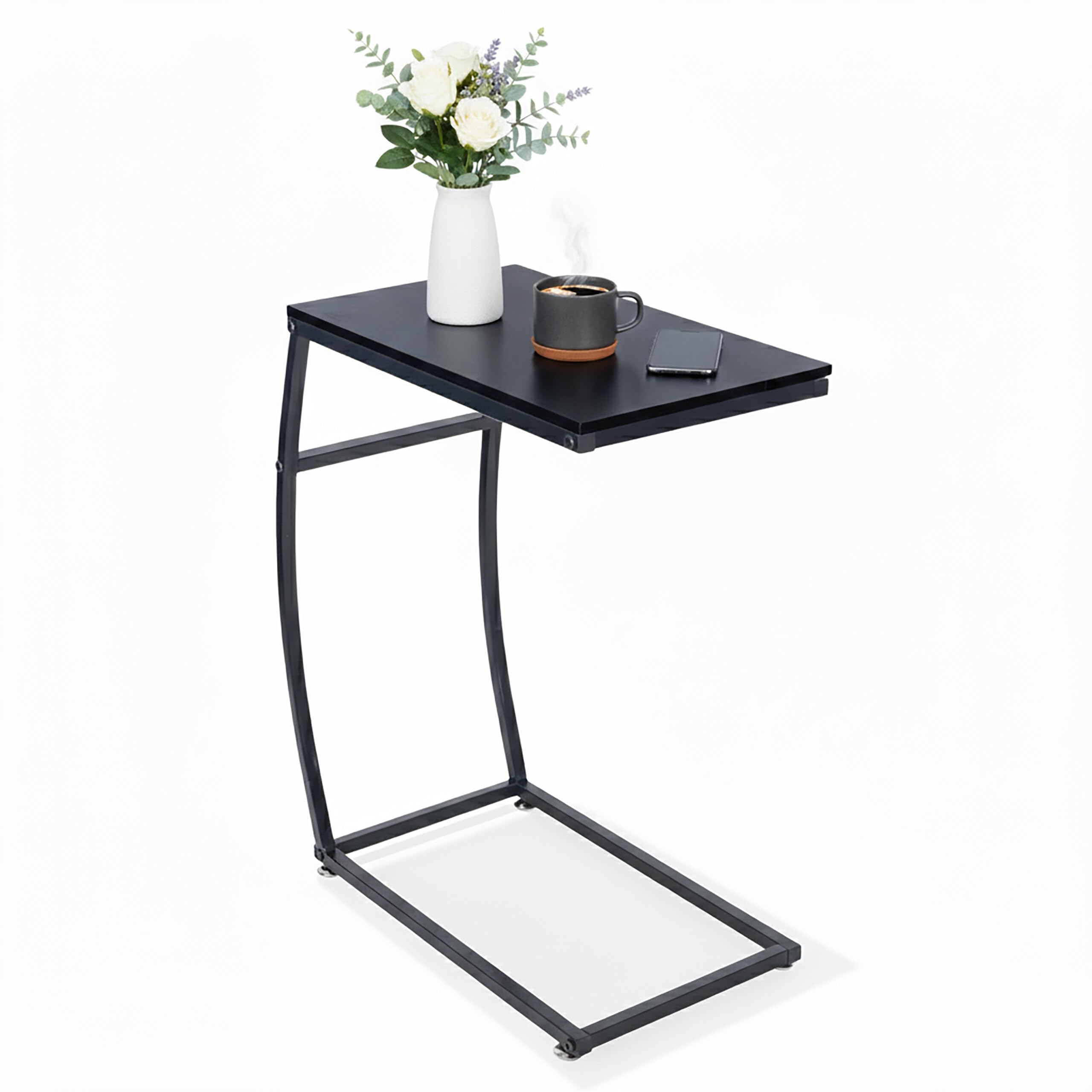 Relaxdays Tavolino da Divano a Forma di C, HLP: 58,5x47,5x25 cm, Tavolo Laterale Salotto e Letto, Ferro e MDF, Nero