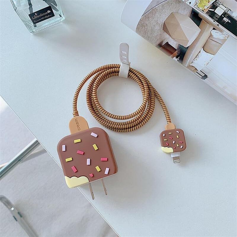 Image of DIVERTS Charger Case Cover 360 Degree Full Protection Cover Funny Cartoon Character Compatible for iPhone 18-20W Silicone Protective Charger Cover Cable Protector (Ice Chocolate Brown Design)