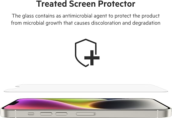 Belkin UltraGlass iPhone 14 Plus, iPhone 13 Pro Max Screen Protector, AntiMicrobial Processed, Including Bubble-Free Application and Installation Guide Tray, 9H Hardness Tested, Tempered Glass