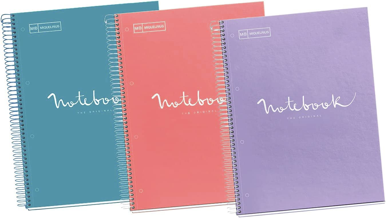 MiquelriusPack of 3 A4 Emotions Notebooks, 80 Sheets 90 g/m², Grid 5 x 5 mm, 1 Colour Strip, Micro-Perforated Spiral Bound, Extra Hardcover, 4-Hole Punch, Modern Pastel Colours