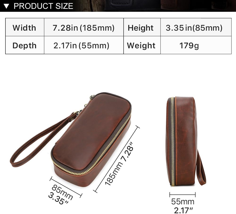 Hiram Handcrafted Leather Small Pipe Tobacco Pouch Travel Smoking Pipe Organizer Portable Accessories Lighter Holder Tobacco Pipes Case for 2 Pipes
