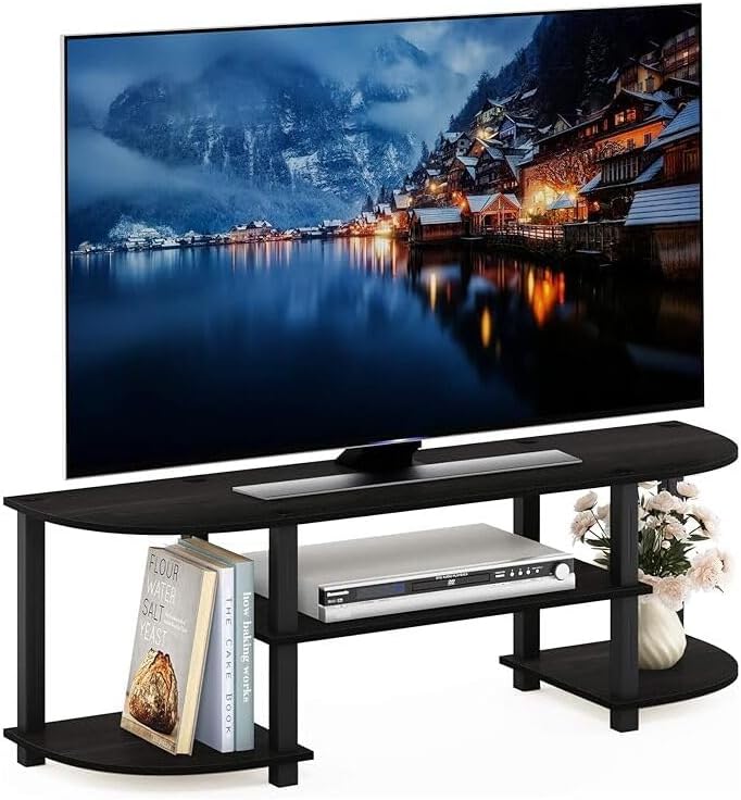HomeStock Artisanal Abode Wide TV Entertainment Center 13.40 x 47.20 x 15.90 Inches with Stylish Open Shelves and Cabinets Espresso and Black