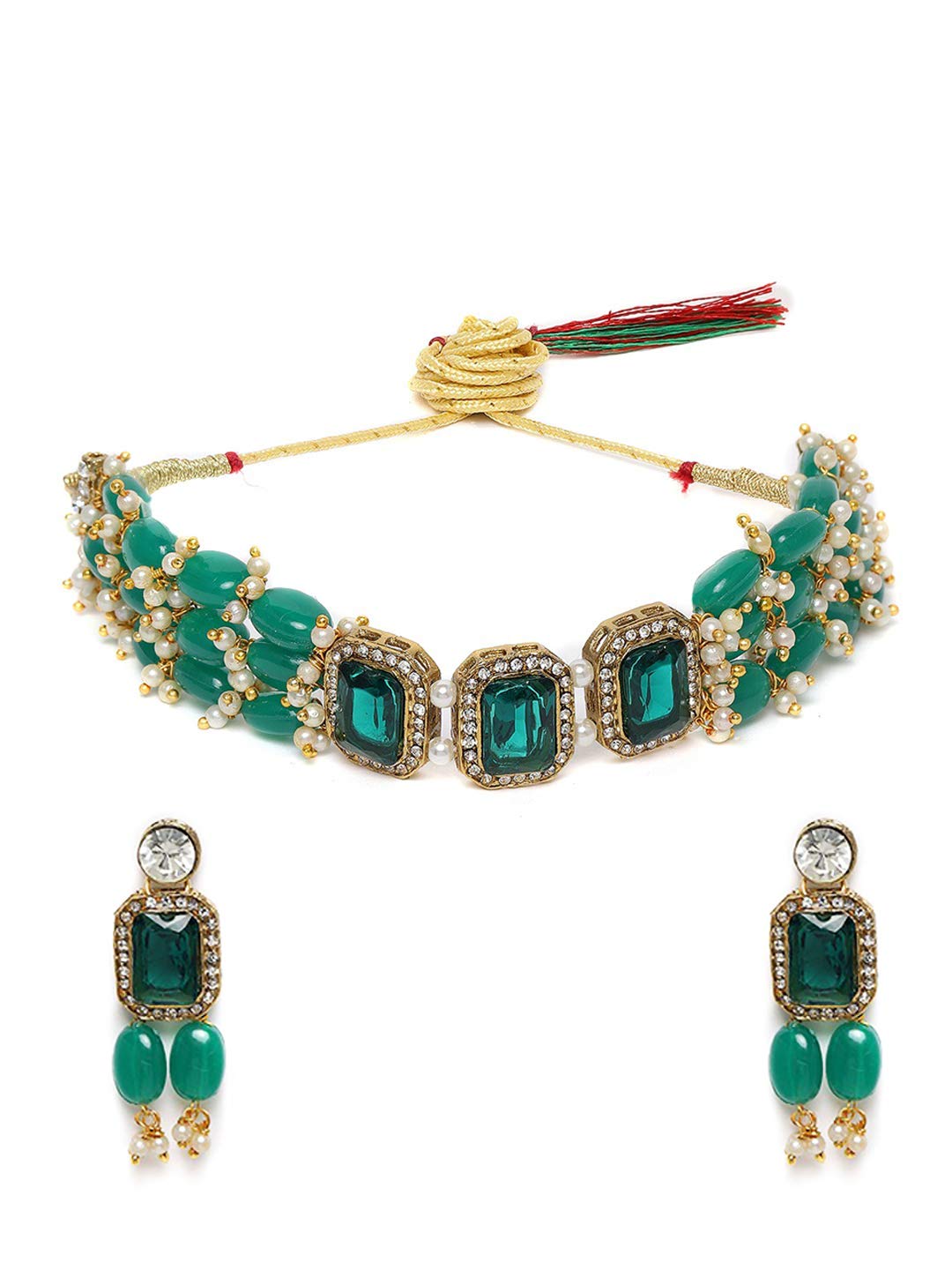 ZAVERI PEARLS Green Stones & Beads Multistrand Traditional Choker Necklace & Earring Set For Women-ZPFK10111