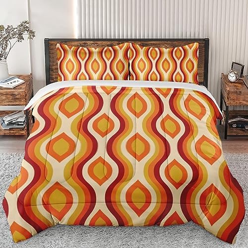 Comforter Set King Size, Mid Century Retro 70S Soft Bedding Set for Kids and Adults Bedroom Bed Decor, Orange Mustard Yellow Comforter Set with 2 Pillowcases
