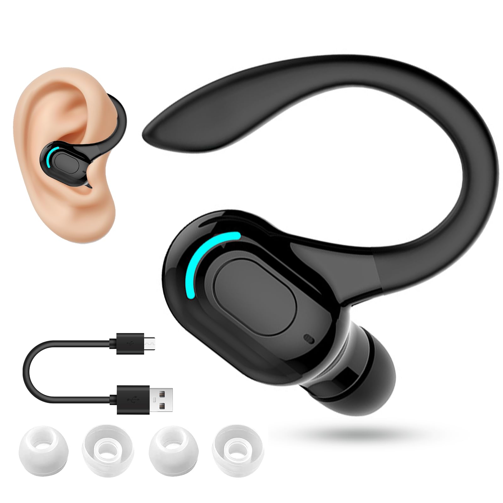 V5.2 Auricolare Mono Bluetooth Senza Fili, Microfono Integrato, IPX4 Auricolari Senza Fili Impermeabili, Bluetooth A Mano Libera 20H di Riproduzione, Auricolari con Anello per iPhone Android