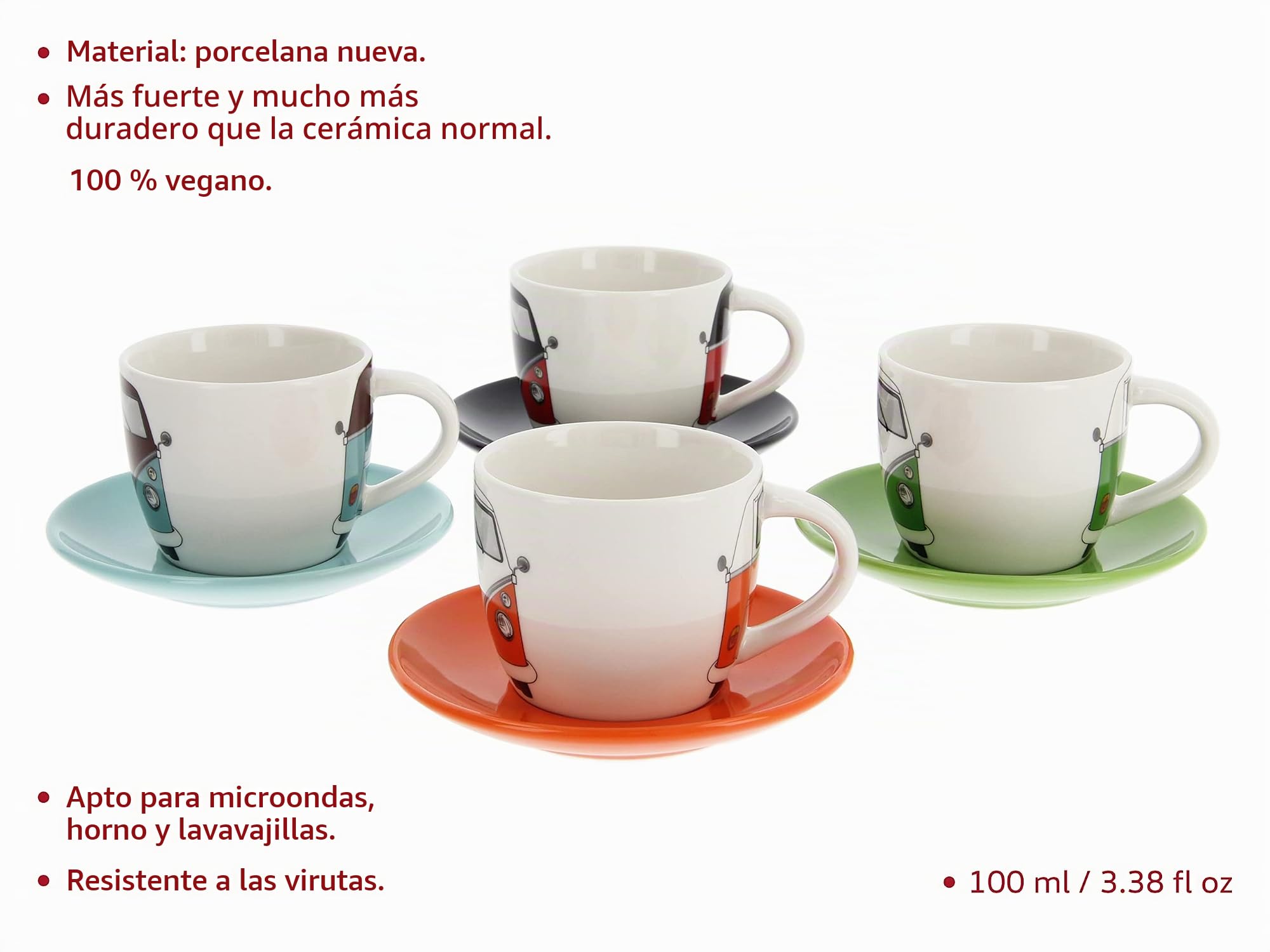 BRISA VW Collection - Volkswagen Set de tazas de espresso para cafété o cappuccino T1 Camper Bus (Frente del Bus/4 Colores/Conjunto de 4/100 ml)