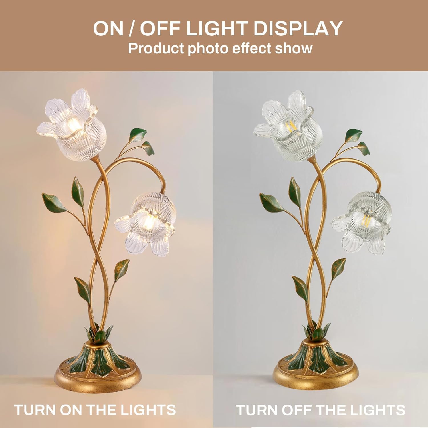 SANDYHA Gold Glass Flower Table Lamp Vintage 2-Light Floral Side