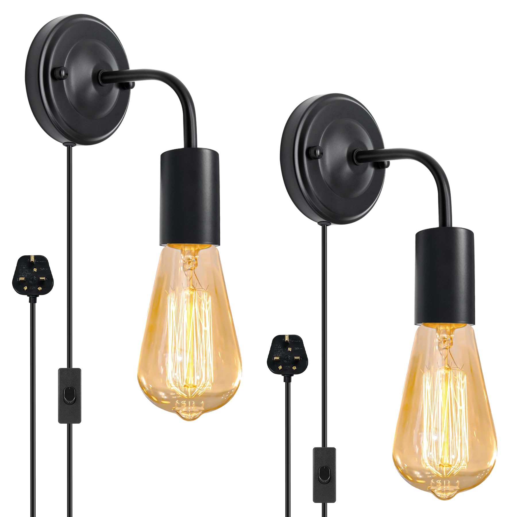 2 Pack Plug in Wall Lights for Bedroom with Switch and 180CM Cable, E27 Base, Indoor Plug in Bedside Wall Light, Metal Wall Sconce, Vintage Industrial Wall Lamp for Living Room, Black(No Bulb)