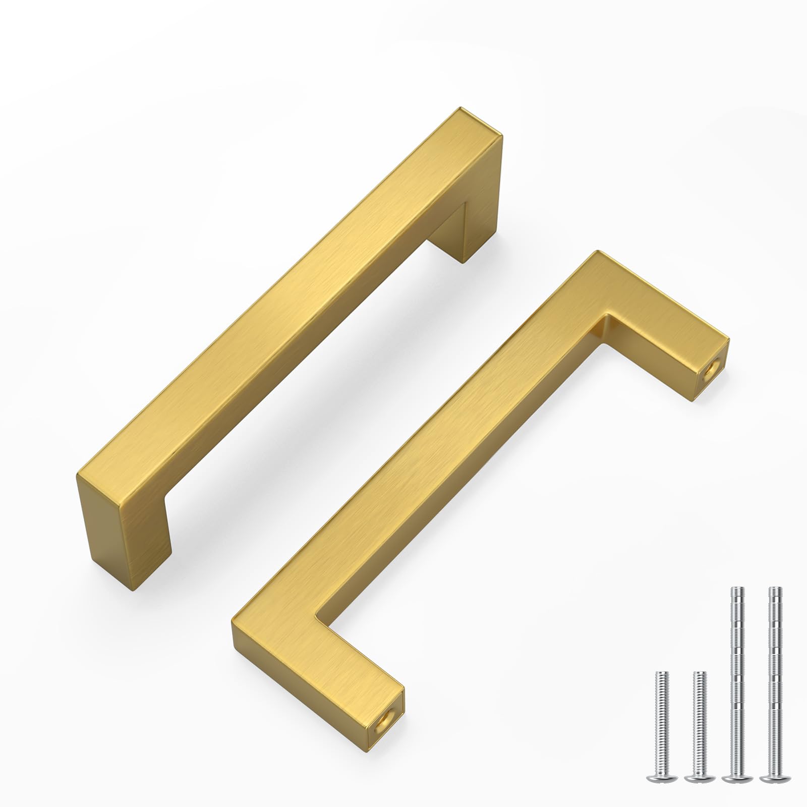 LONTAN 5 Pack Brushed Brass Kitchen Handles 90mm Square Gold Kitchen Cupboard Handles Wardobe Bathroom Stainless Steel Drawer Pulls