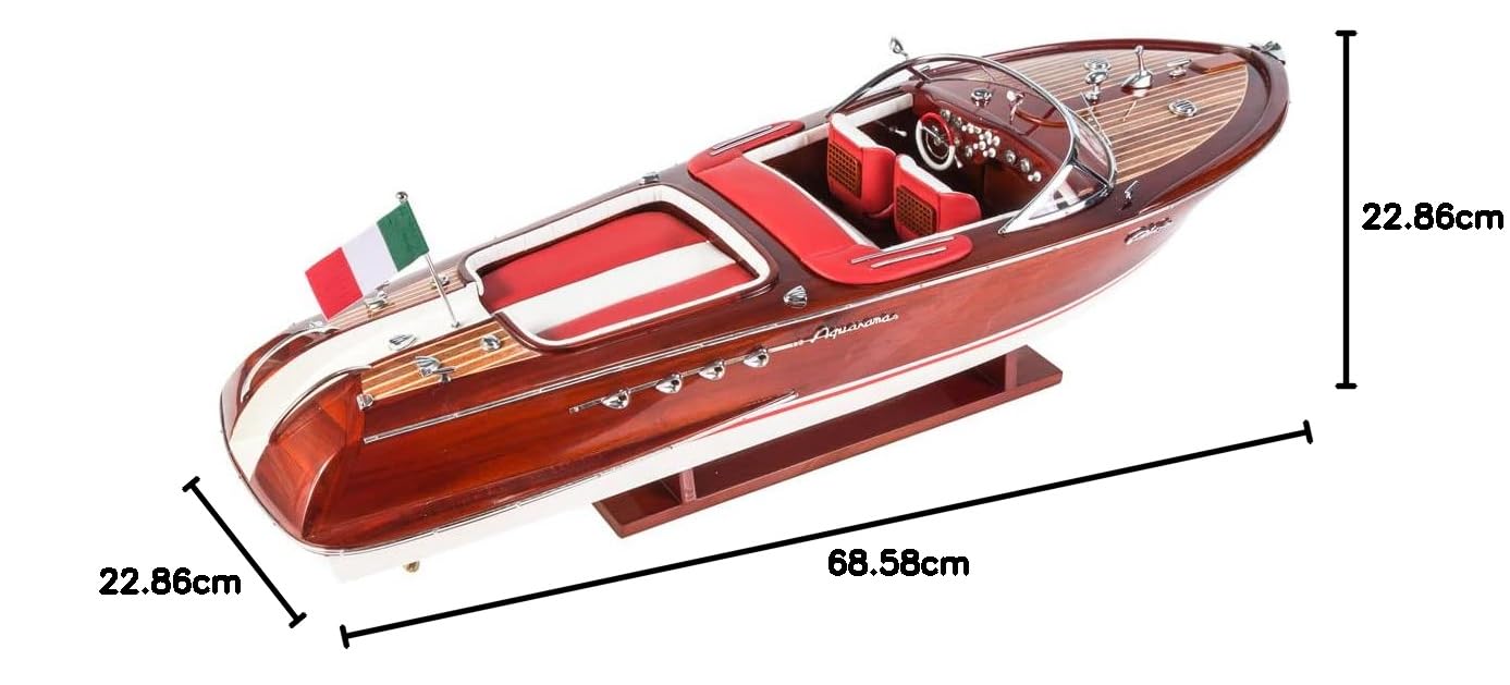 Riva Aquarama-Modellboot-Dekoration, 68,6 cm (rot/weiße Ledersitze), komplett montiertes Holzmodellschiff – Spielzeugboot-Dekor aus Holz – Riva-Boot-Modell-Display – Holzdekor