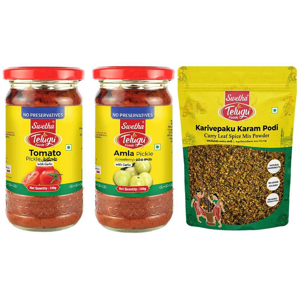 Swetha Telugu Foods Combo of Tomato Pickle 300g, Amla pickle 300g, curry Leaf Spice Mix Powder 100g-image-7