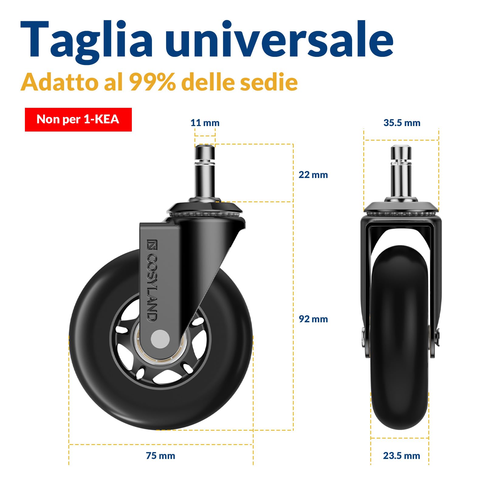 COSYLAND Ruote per Sedia Ufficio – Ruote Sedia Ufficio per Parquet Silenziose e Resistenti, Rotelle per Sedia Ufficio 11×22 mm per Tutti i Pavimenti