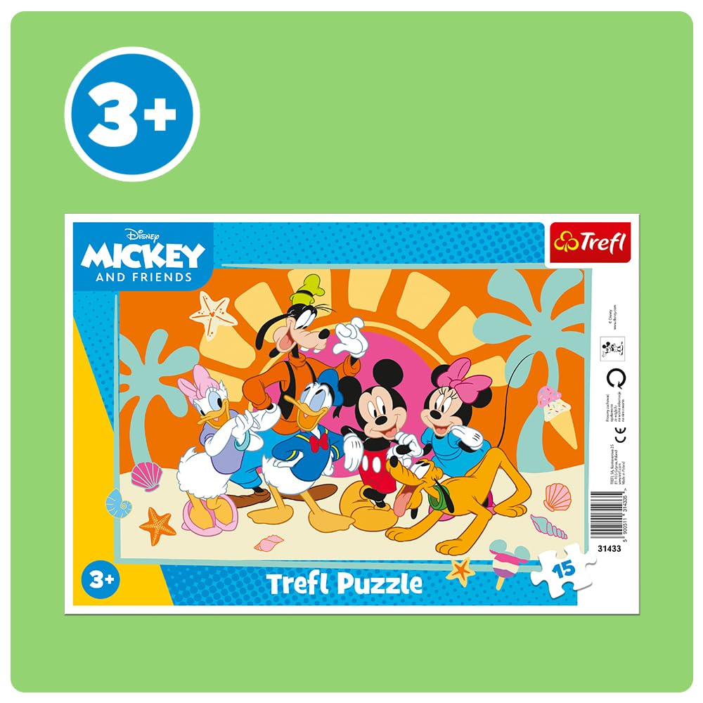 Trefl - Mickey Mouse and Friends, Ciekawski Miki - Puzzle Ramkowe dla Maluchów, 15 Dużych Elementów, Ramka i Sztywna Podkładka, dla Dzieci od 3 lat