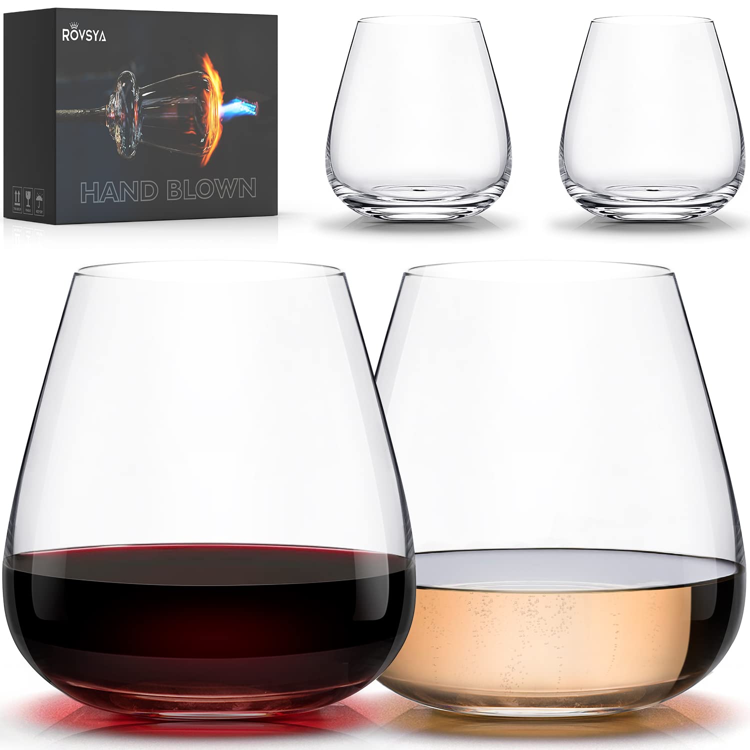 Stemless Wine Glasses Set of 4-17oz?Red White Wine Glasses Hand Blown Crystal - Unique gifts for him/her for wedding, birthday, Christmas, father's day, anniversary - clear.