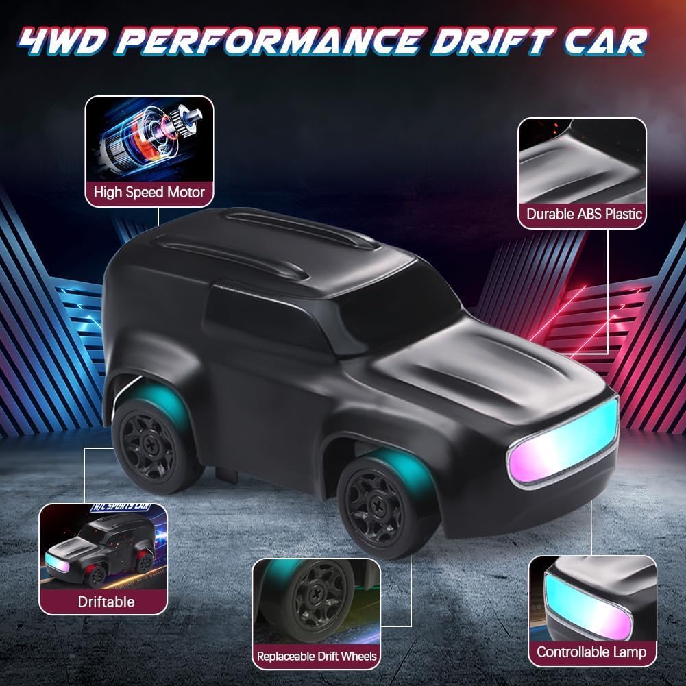 Ruzarth Dash 1:64 Mini RC Drift Car 4WD High-Speed Racing Toy | 2.4GHz Remote Control Car with LED Lights,Extra Drift Tires | Rechargeable Desktop Drift Car for Kids & Adults | Best Gift (Black) 3