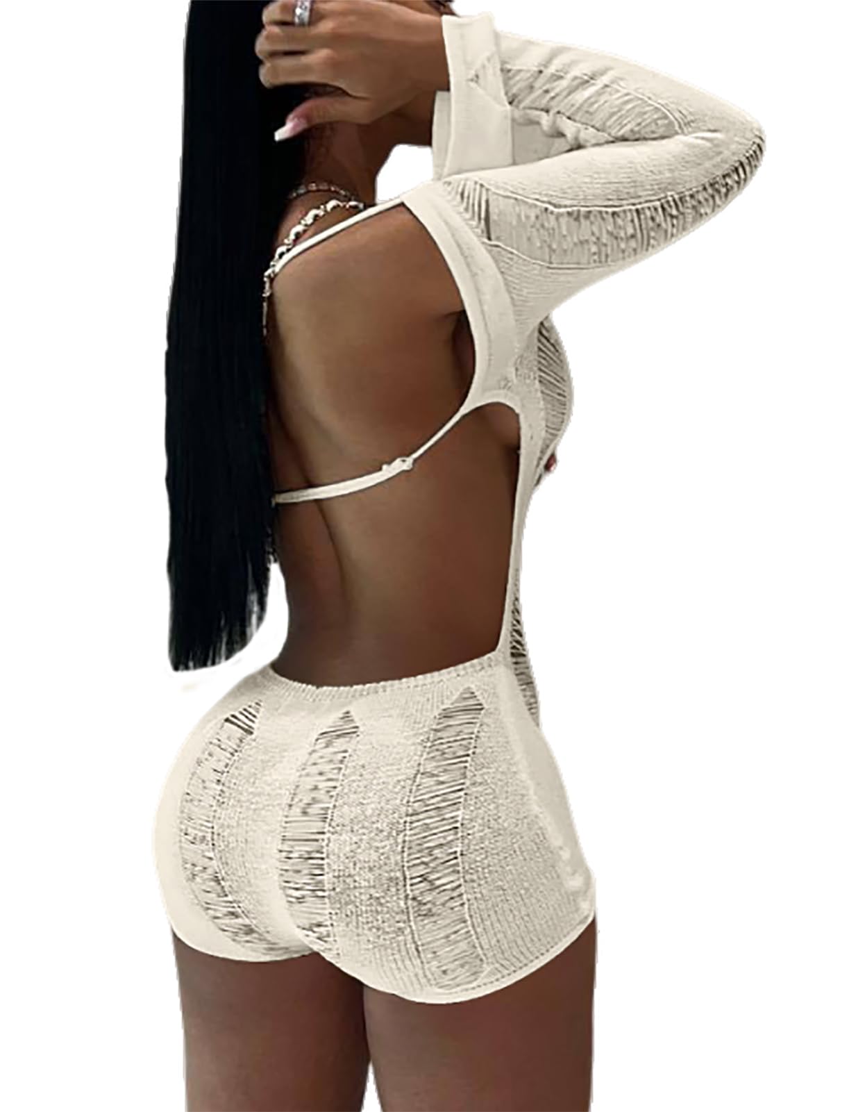 Tinodu Women Sexy Off Shoulder Crochet Knitted Hollow Out Long Sleeve Romper Backless Bodycon Party Club Night Rompers