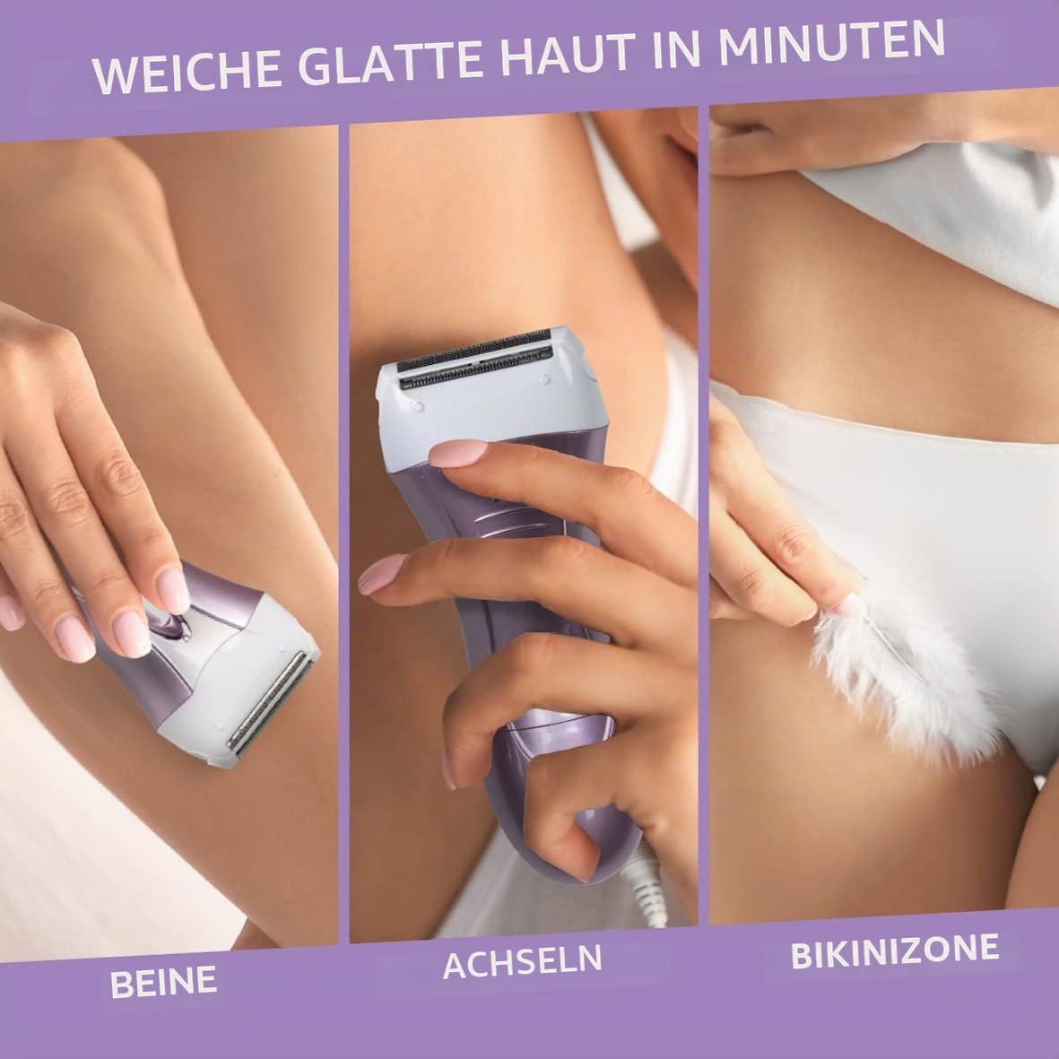 Bauer Soft & Smooth Damenrasierer – Elektrischer Nass- & Trockenrasierer für Beine, Achseln & Bikinizone, 2×AA Batterien, Edelstahlklingen, Violett - 38730